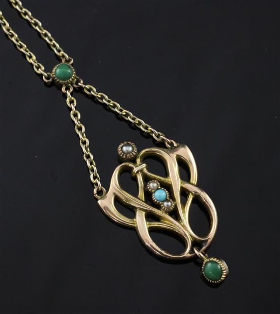 An Edwardian Art Nouveau 9ct gold, split pearl and turquoise pendant necklace, overall 19.5in.